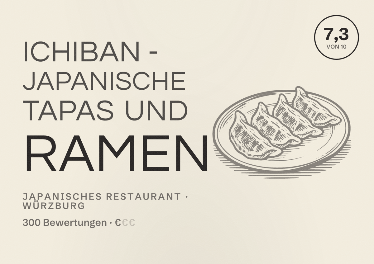 Illustriertes Poster von Ichiban - japanische tapas und ramen, Japanisches Restaurant in Würzburg: Bewertung 7,3 von 10 aus 300 Bewertungen, Preisniveau €