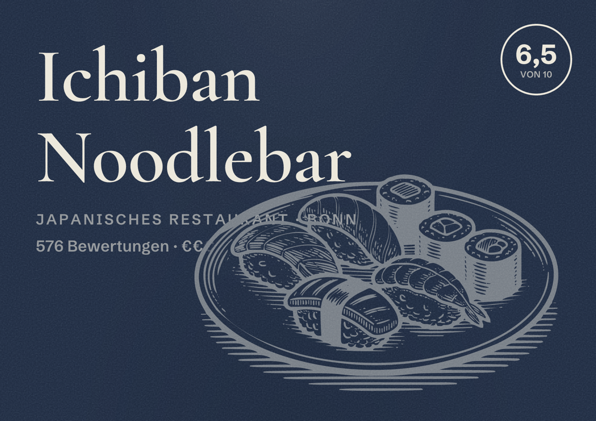 Illustriertes Poster von Ichiban Noodlebar, Japanisches Restaurant in Bonn: Bewertung 6,5 von 10 aus 576 Bewertungen, Preisniveau €€
