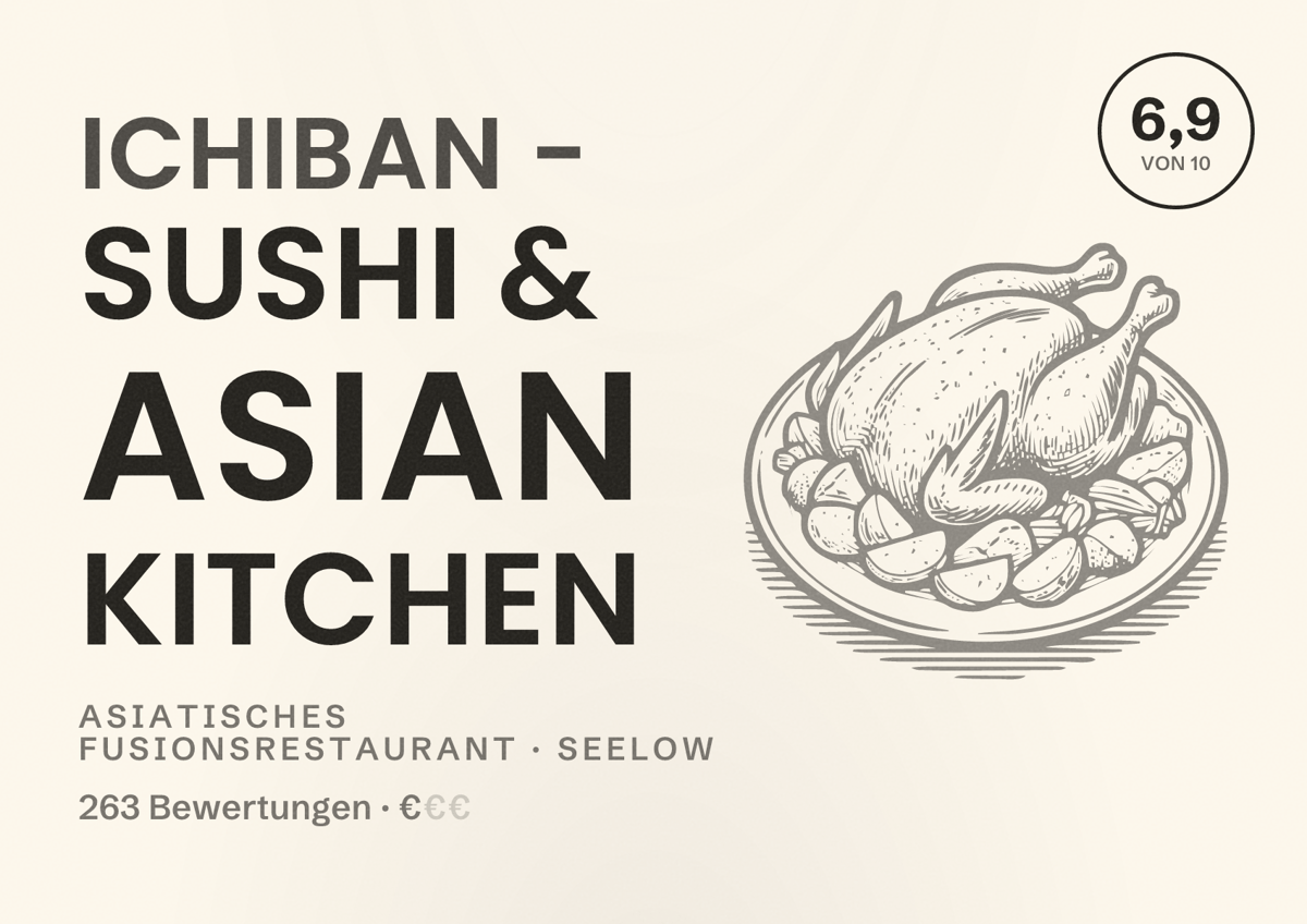 Illustriertes Poster von Ichiban - Sushi & Asian Kitchen, Asiatisches Fusionsrestaurant in Seelow: Bewertung 6,9 von 10 aus 263 Bewertungen, Preisniveau €