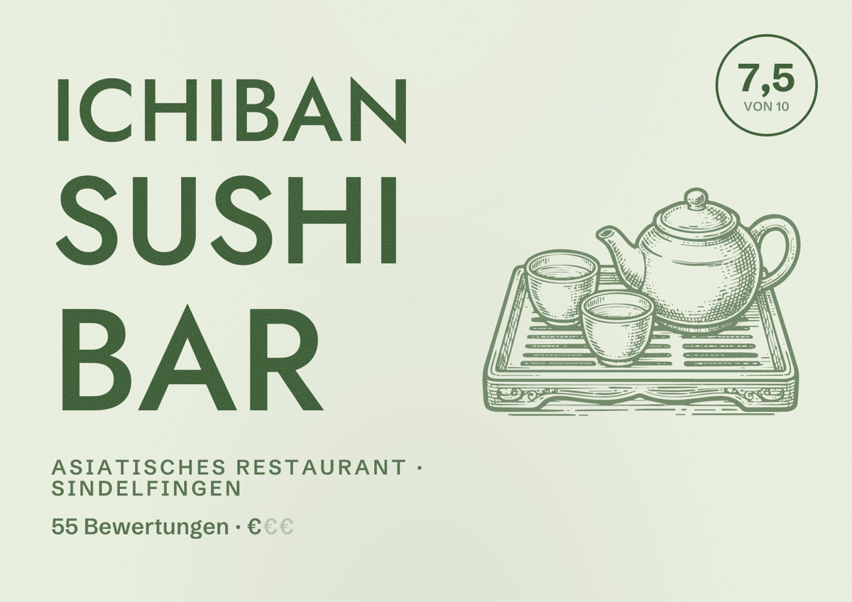 Illustriertes Poster von Ichiban Sushi Bar, Asiatisches Restaurant in Sindelfingen: Bewertung 7,5 von 10 aus 55 Bewertungen, Preisniveau €