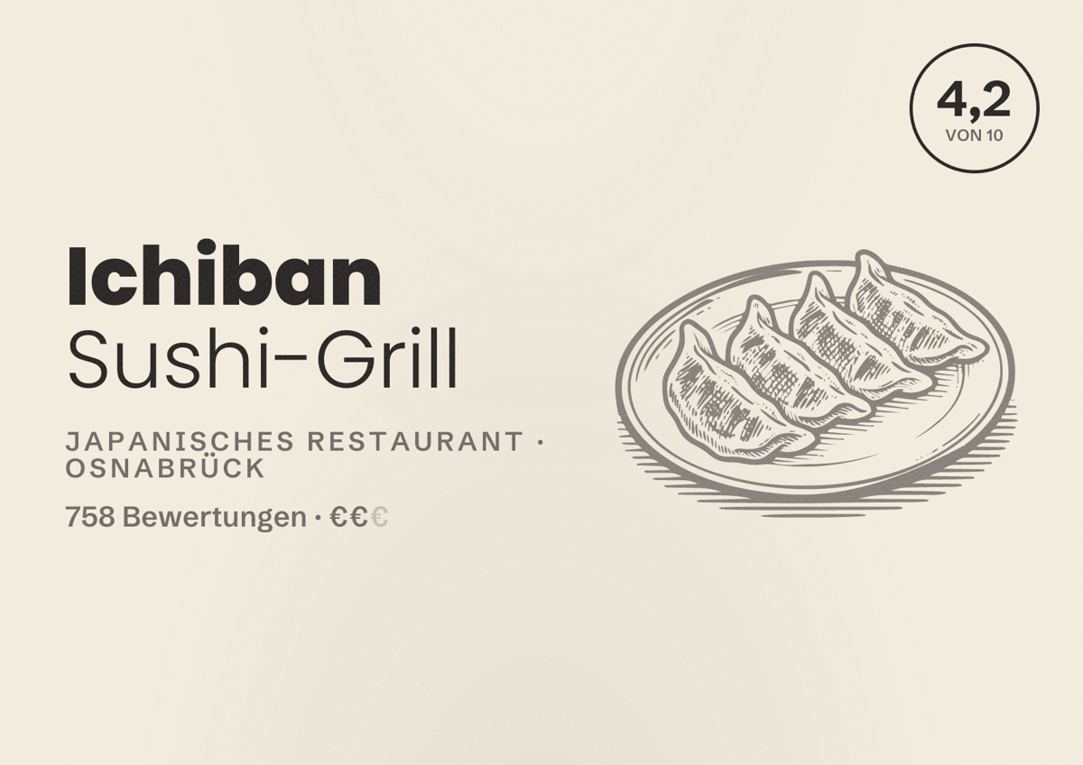 Illustriertes Poster von Ichiban Sushi-Grill, Japanisches Restaurant in Osnabrück: Gästebewertung 4,2 von 10 aus 758 Bewertungen