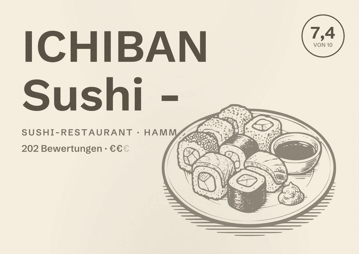 Illustriertes Poster von ICHIBAN Sushi -, Sushi-Restaurant in Hamm: Bewertung 7,4 von 10 aus 202 Bewertungen, Preisniveau €€