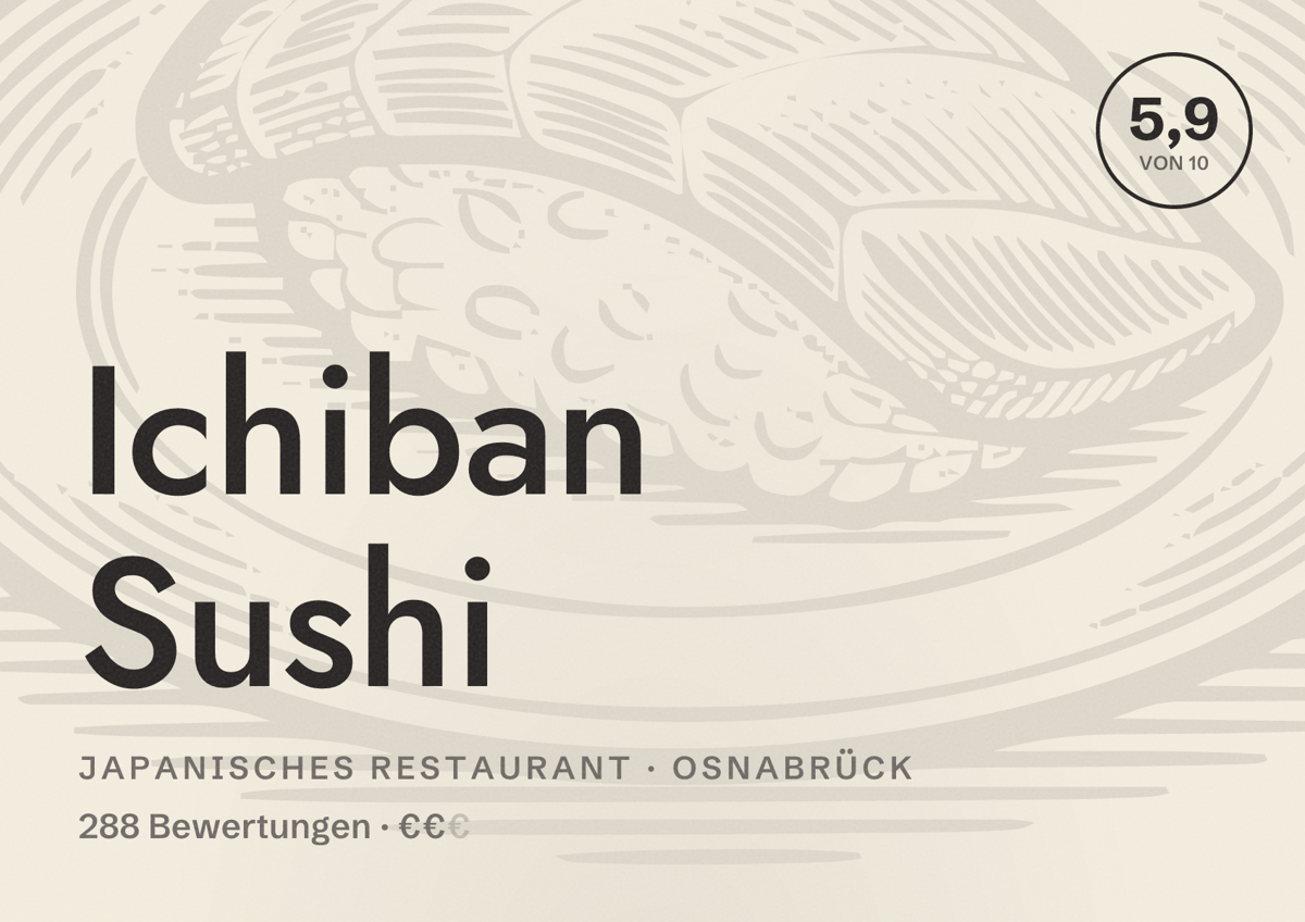 Illustriertes Poster von Ichiban Sushi, Japanisches Restaurant in Osnabrück: Gästebewertung 5,9 von 10 aus 288 Bewertungen