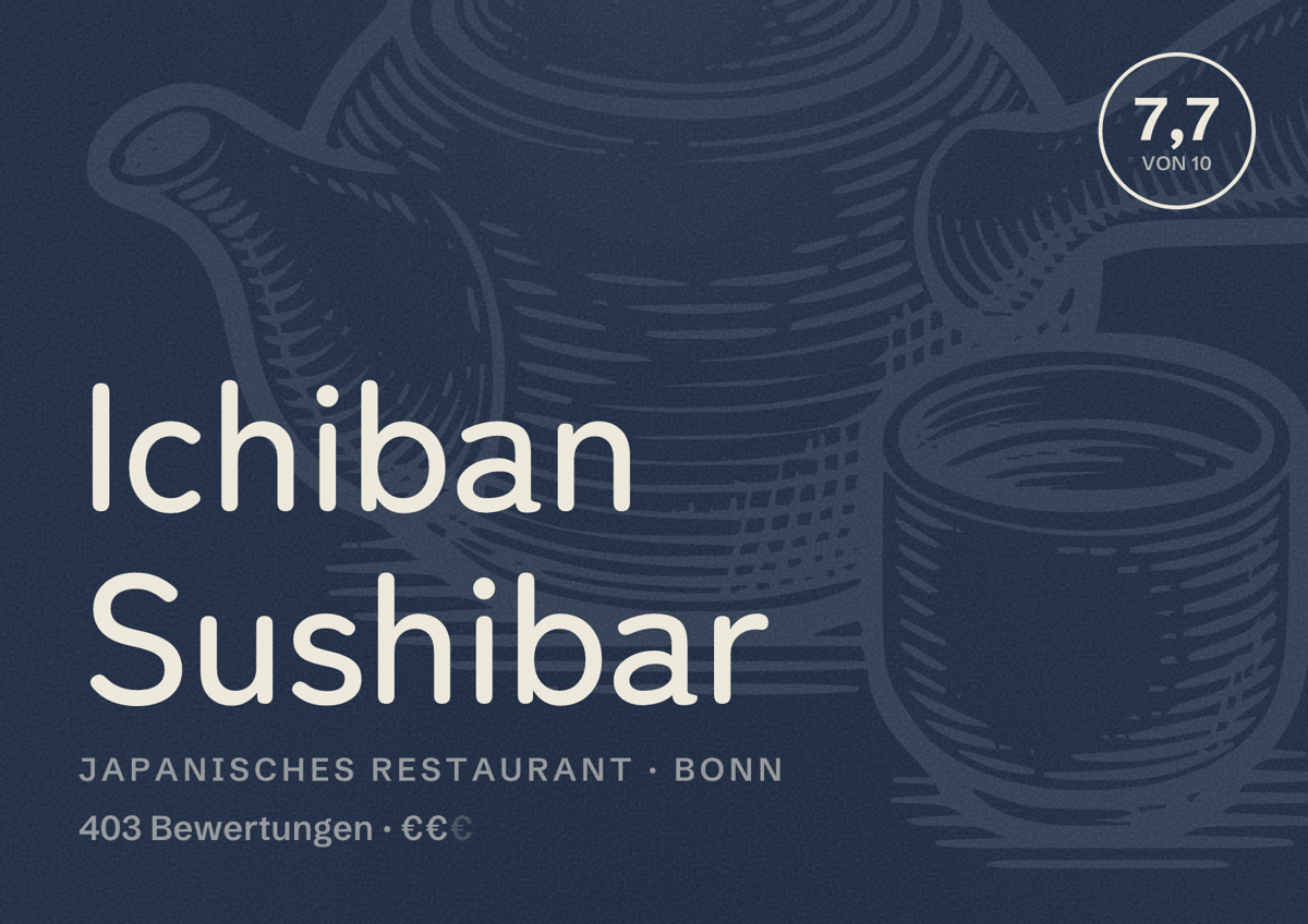 Illustriertes Poster von Ichiban Sushibar, Japanisches Restaurant in Bonn: Bewertung 7,7 von 10 aus 403 Bewertungen, Preisniveau €€