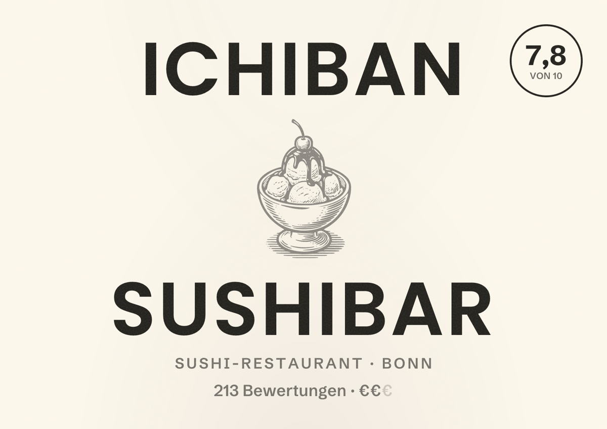 Illustriertes Poster von Ichiban Sushibar, Sushi-Restaurant in Bonn: Bewertung 7,8 von 10 aus 213 Bewertungen, Preisniveau €€