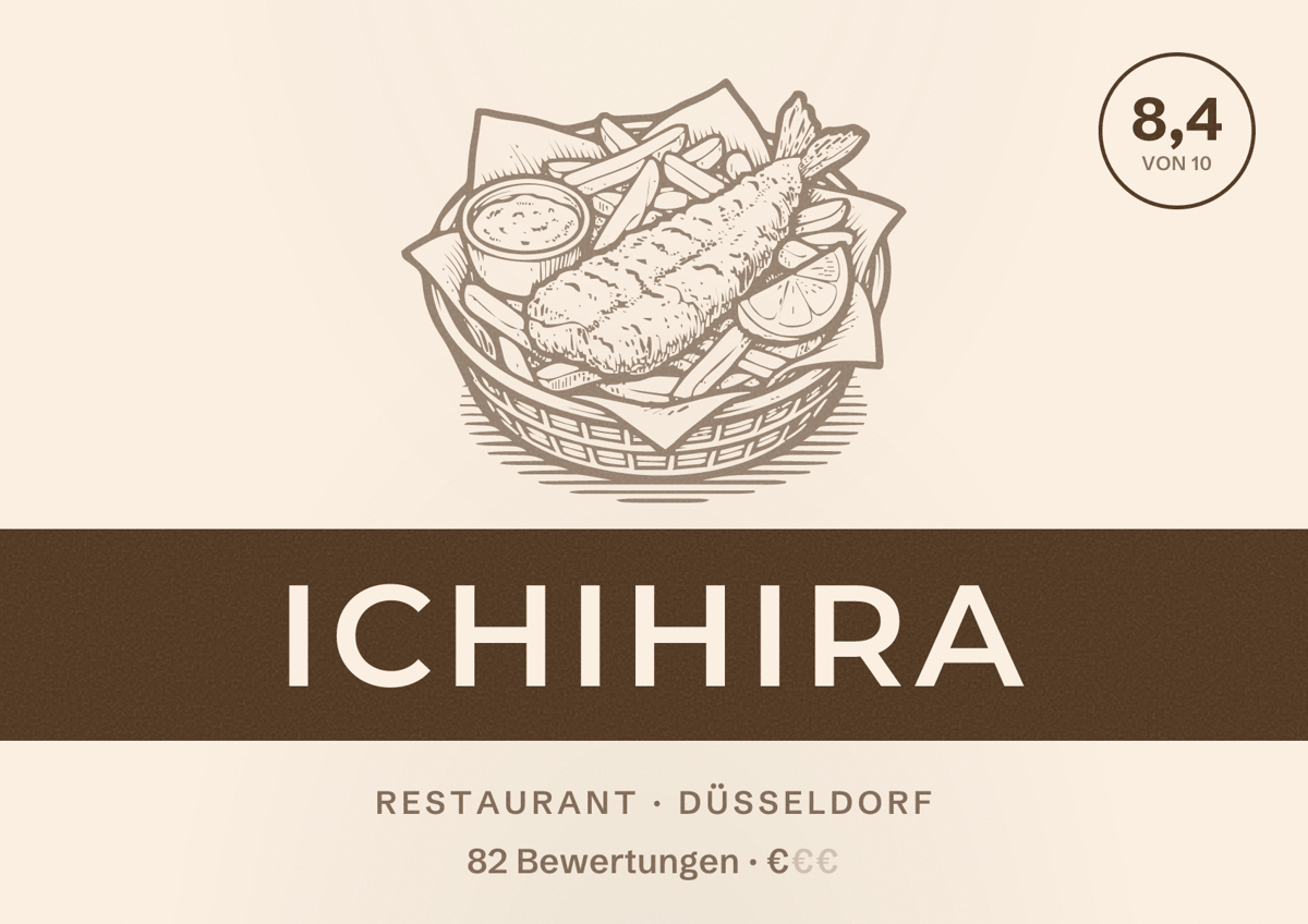 Illustriertes Poster von Ichihira, Restaurant in Düsseldorf: Bewertung 8,4 von 10 aus 82 Bewertungen, Preisniveau €
