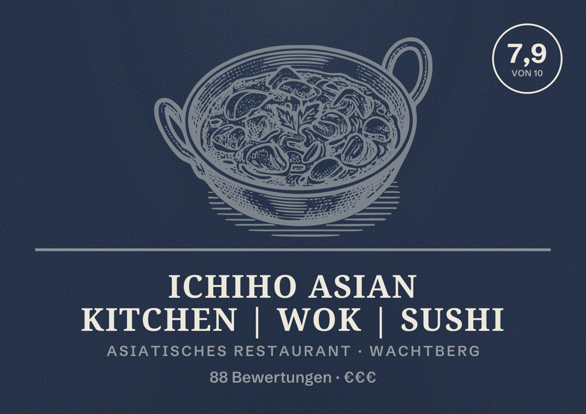 Illustriertes Poster von ICHIHO ASIAN KITCHEN | WOK | SUSHI, Asiatisches Restaurant in Wachtberg: Bewertung 7,9 von 10 aus 88 Bewertungen, Preisniveau €€€