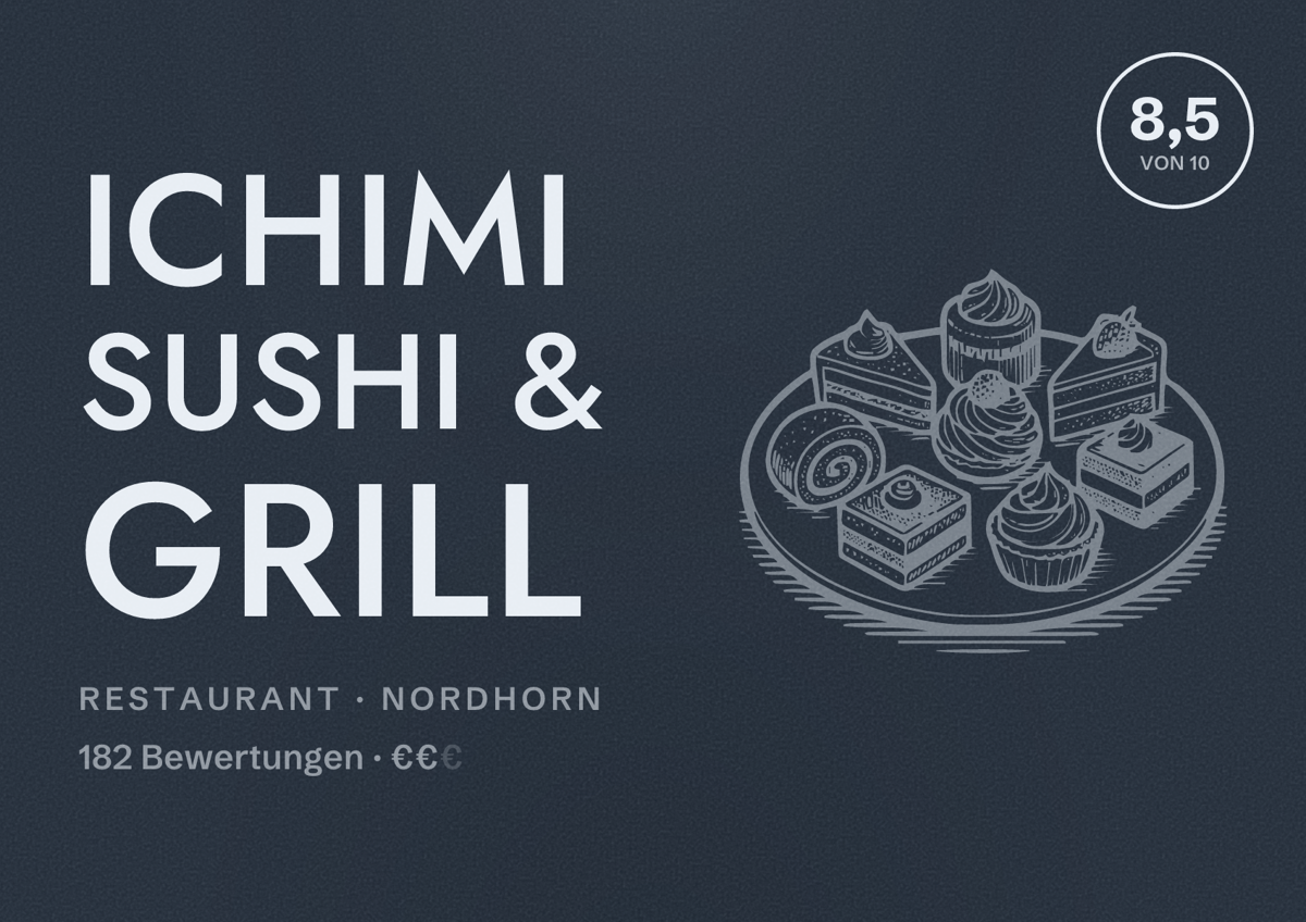 Illustriertes Poster von Ichimi Sushi & Grill, Restaurant in Nordhorn: Bewertung 8,5 von 10 aus 182 Bewertungen, Preisniveau €€