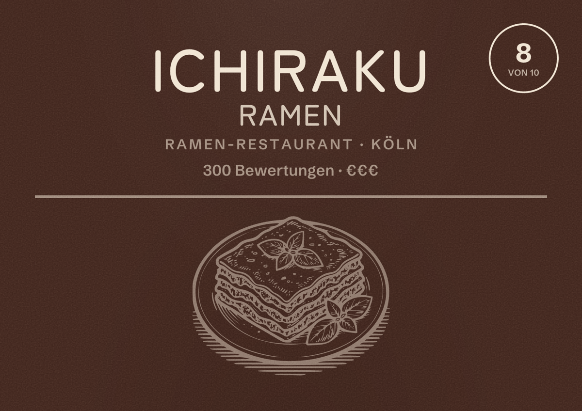Illustriertes Poster von Ichiraku Ramen, Ramen-Restaurant in Köln: Bewertung 8,0 von 10 aus 300 Bewertungen, Preisniveau €€€