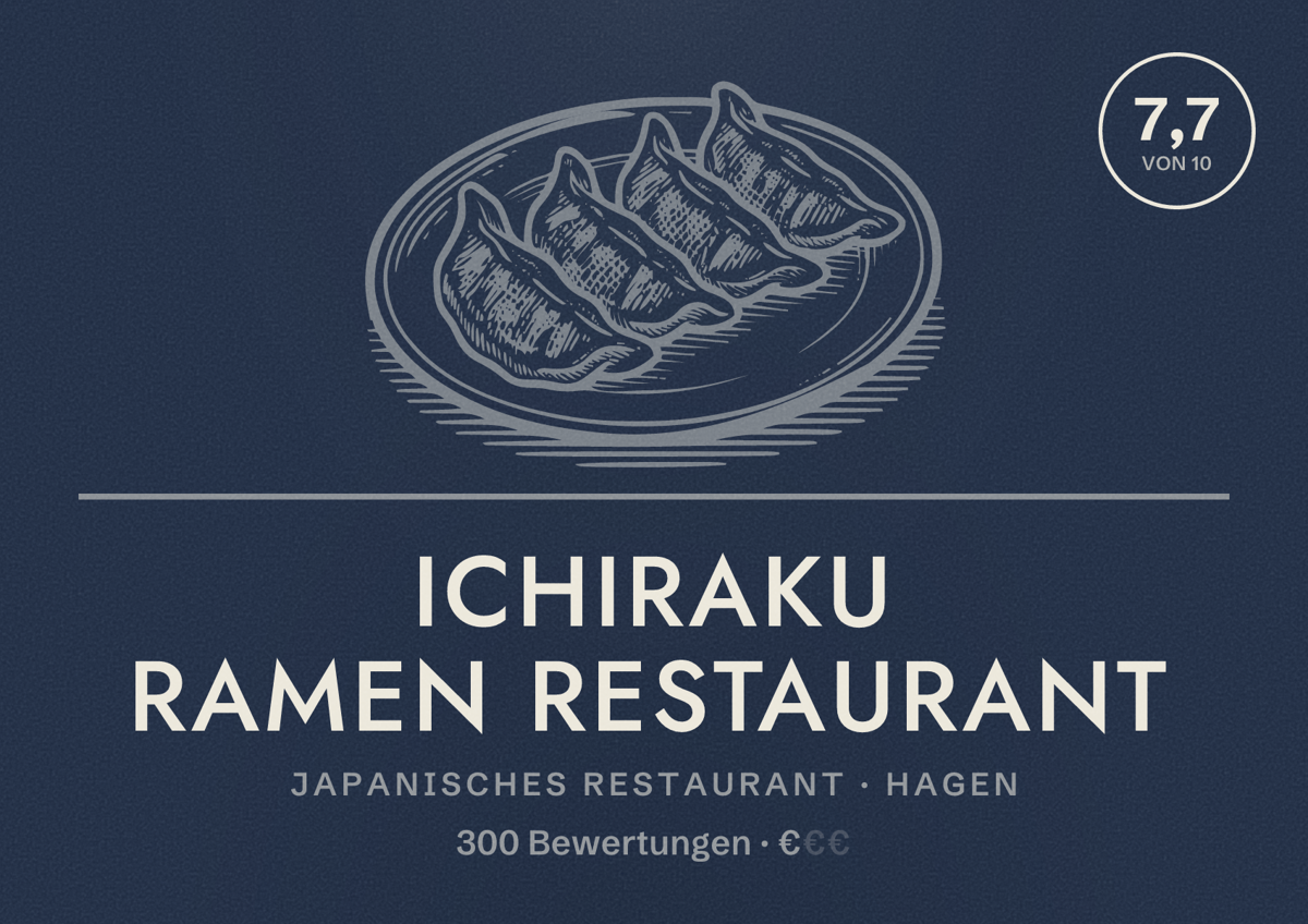 Illustriertes Poster von ICHIRAKU RAMEN RESTAURANT, Japanisches Restaurant in Hagen: Bewertung 7,7 von 10 aus 300 Bewertungen, Preisniveau €