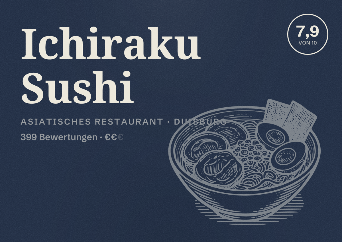 Illustriertes Poster von Ichiraku Sushi, Asiatisches Restaurant in Duisburg: Bewertung 7,9 von 10 aus 399 Bewertungen, Preisniveau €€