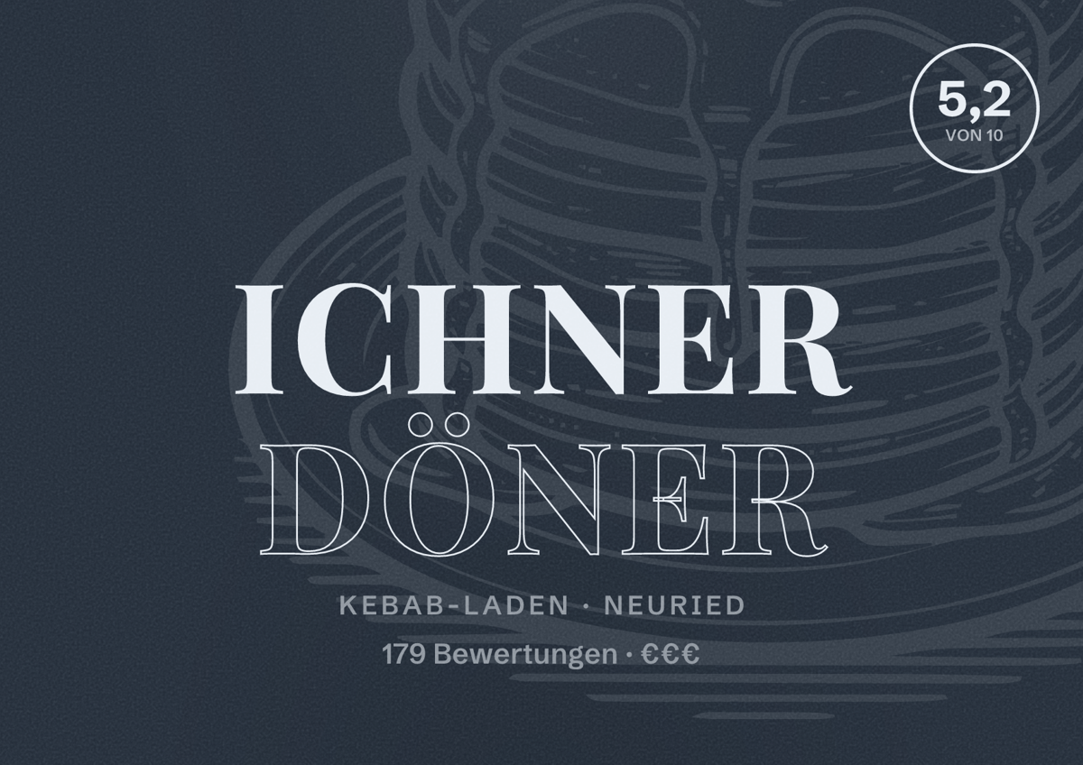 Illustriertes Poster von Ichner Döner, Kebab-Laden in Neuried: Bewertung 5,2 von 10 aus 179 Bewertungen, Preisniveau €€€