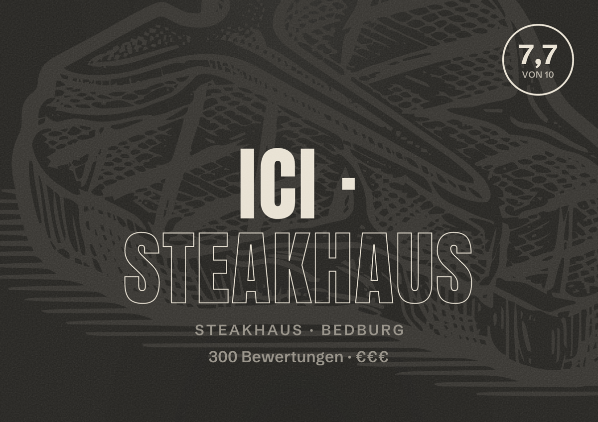 Illustriertes Poster von ICI · Steakhaus, Steakhaus in Bedburg: Bewertung 7,7 von 10 aus 300 Bewertungen, Preisniveau €€€