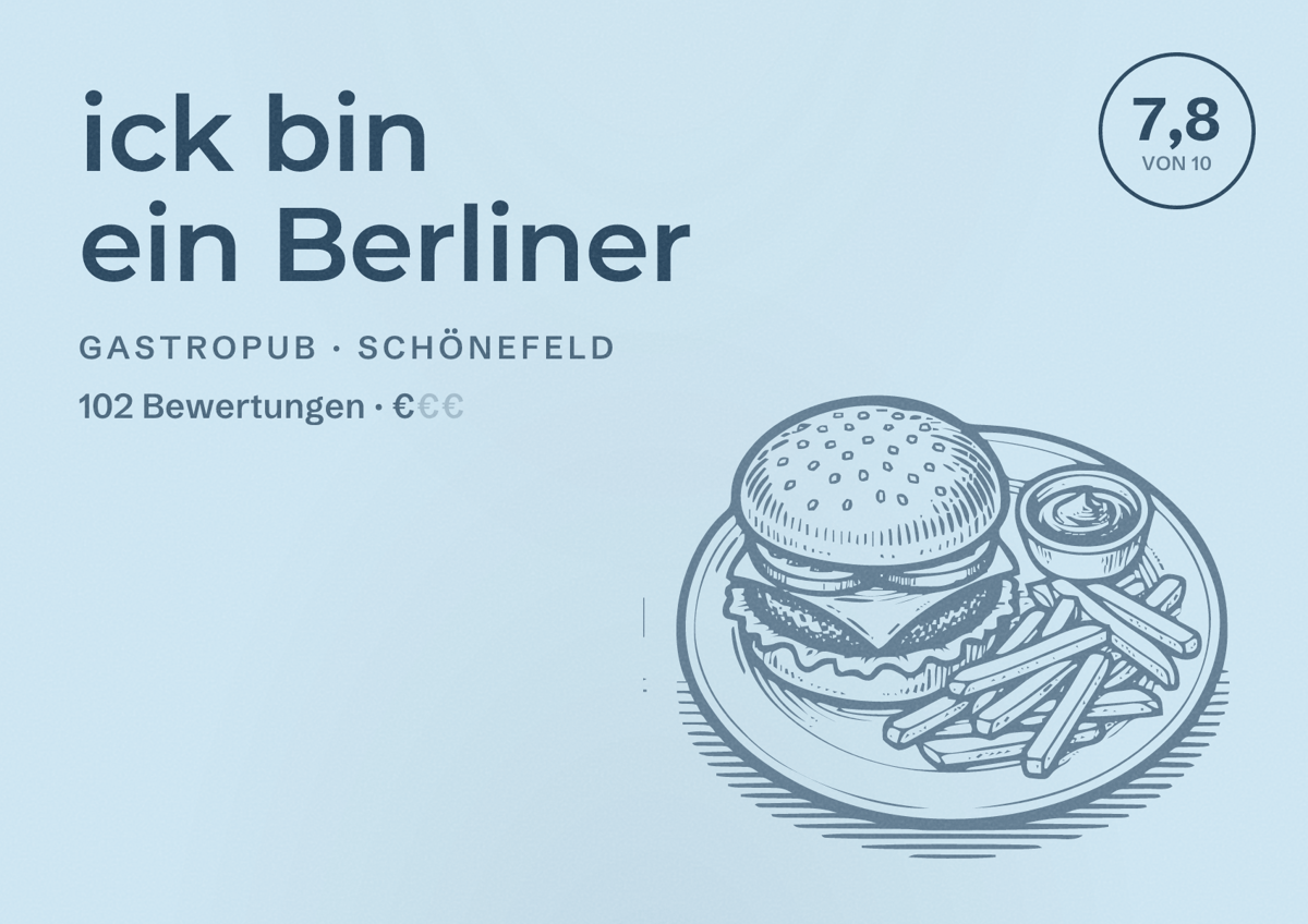 Illustriertes Poster von ick bin ein Berliner, Gastropub in Schönefeld: Bewertung 7,8 von 10 aus 102 Bewertungen, Preisniveau €