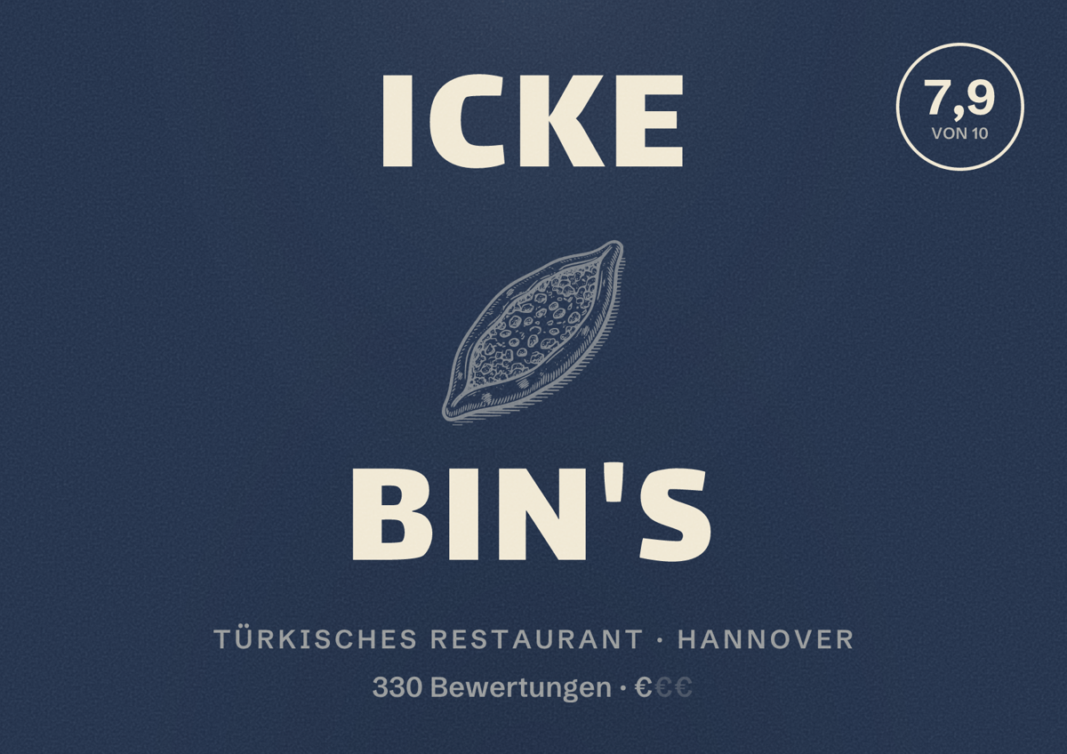 Illustriertes Poster von ICKE BIN's, Türkisches Restaurant in Hannover: Bewertung 7,9 von 10 aus 330 Bewertungen, Preisniveau €