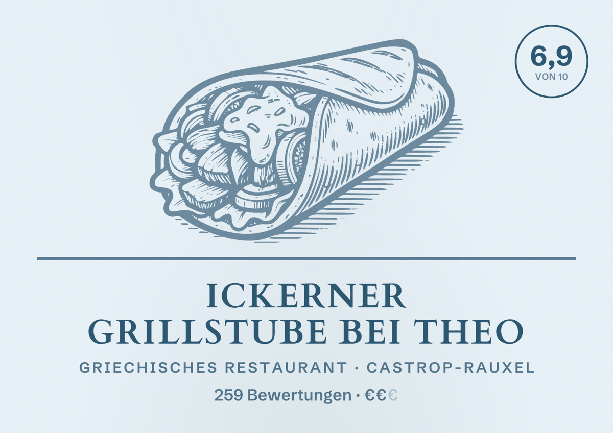 Illustriertes Poster von Ickerner Grillstube Bei Theo, Griechisches Restaurant in Castrop-Rauxel: Gästebewertung 6,9 von 10 aus 259 Bewertungen