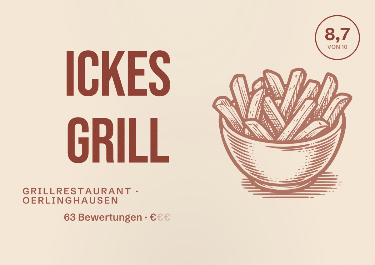Illustriertes Poster von ICKES Grill, Grillrestaurant in Oerlinghausen: Bewertung 8,7 von 10 aus 63 Bewertungen, Preisniveau €