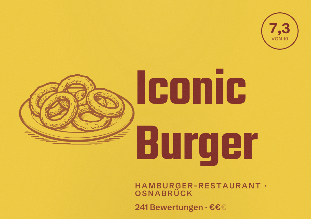 Illustriertes Poster von Iconic Burger, Hamburger-Restaurant in Osnabrück: Bewertung 7,3 von 10 aus 241 Bewertungen, Preisniveau €€