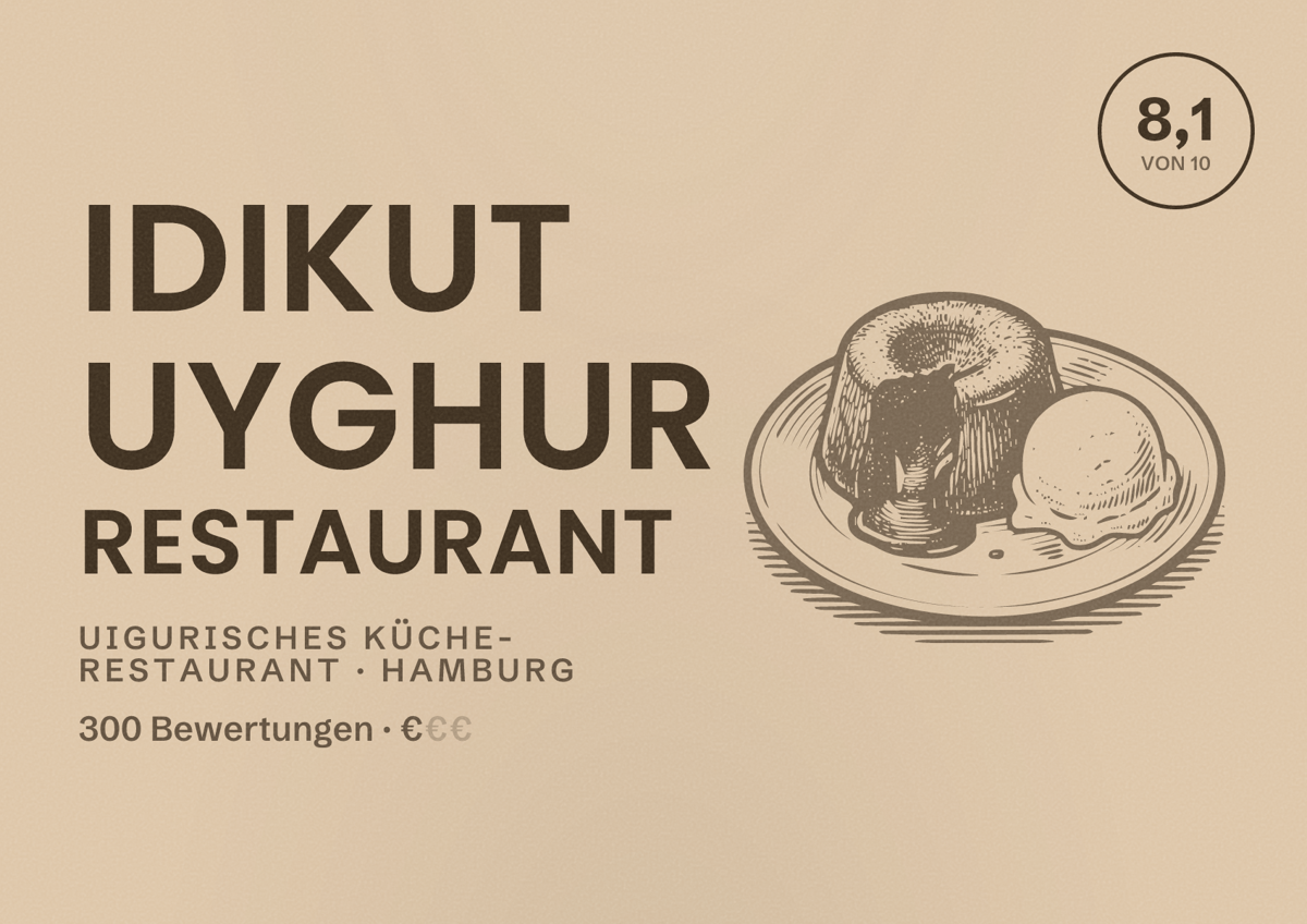 Illustriertes Poster von Idikut Uyghur Restaurant, Uigurisches Küche-Restaurant in Hamburg: Bewertung 8,1 von 10 aus 300 Bewertungen, Preisniveau €
