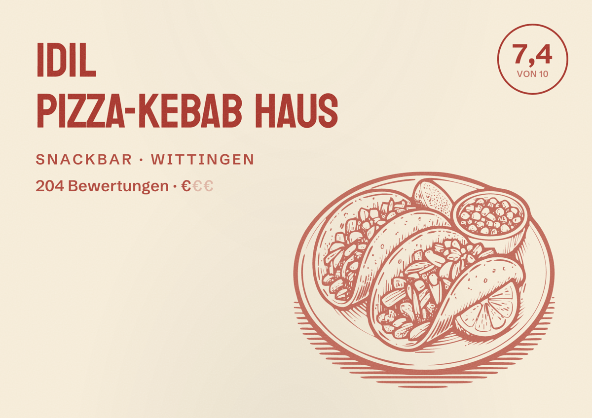 Illustriertes Poster von Idil Pizza-Kebab Haus, Snackbar in Wittingen: Bewertung 7,4 von 10 aus 204 Bewertungen, Preisniveau €