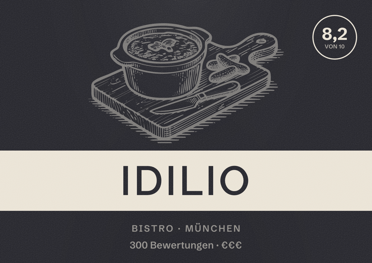 Illustriertes Poster von idilio, Bistro in München: Bewertung 8,2 von 10 aus 300 Bewertungen, Preisniveau €€€