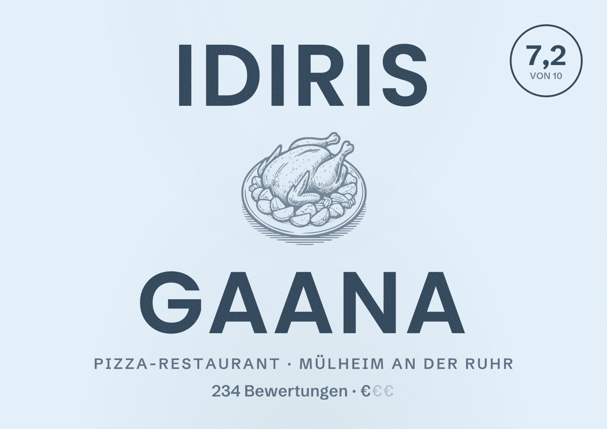 Illustriertes Poster von IDIRIS gaana, Pizza-Restaurant in Mülheim an der Ruhr: Bewertung 7,2 von 10 aus 234 Bewertungen, Preisniveau €