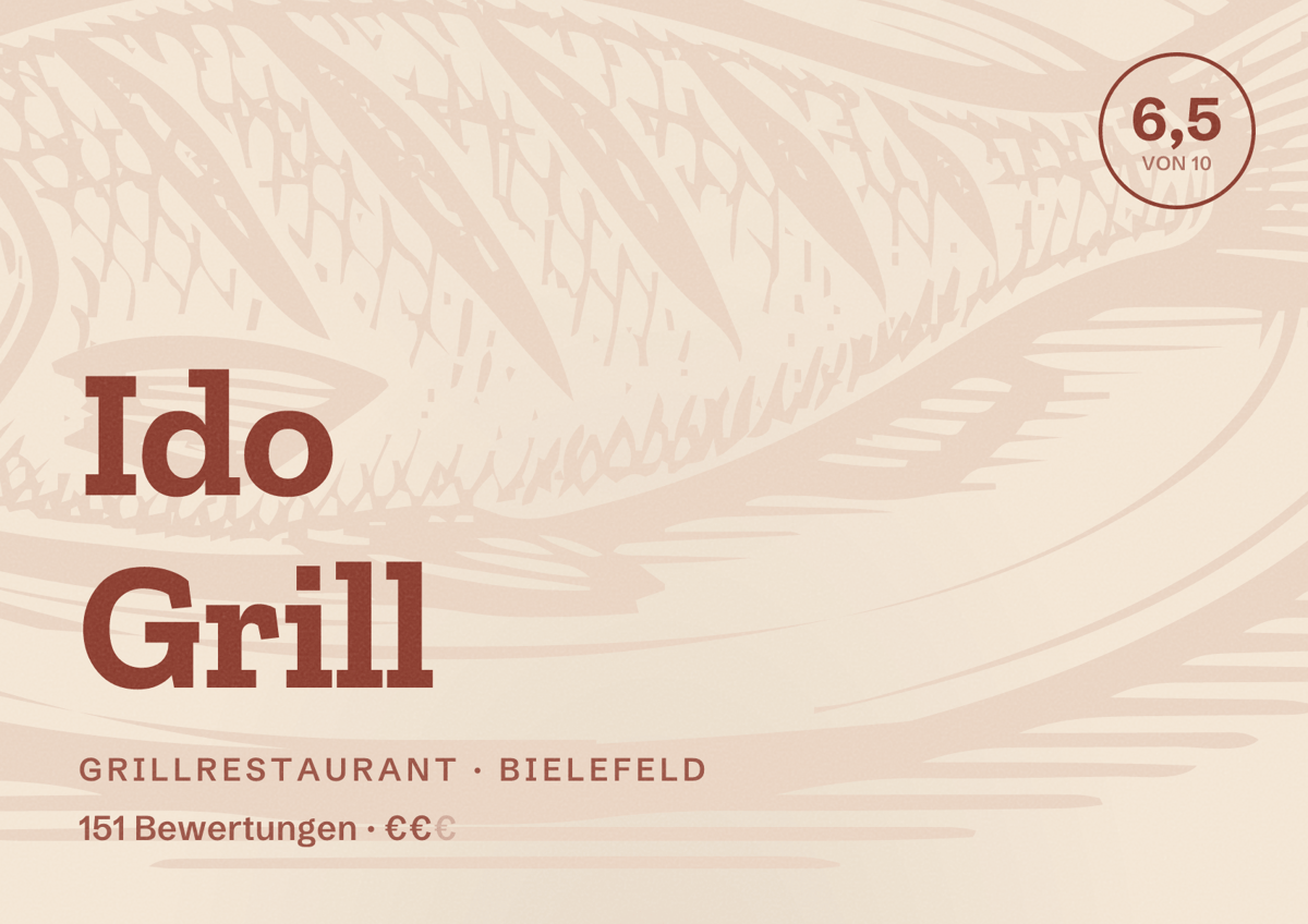 Illustriertes Poster von Ido Grill, Grillrestaurant in Bielefeld: Bewertung 6,5 von 10 aus 151 Bewertungen, Preisniveau €€