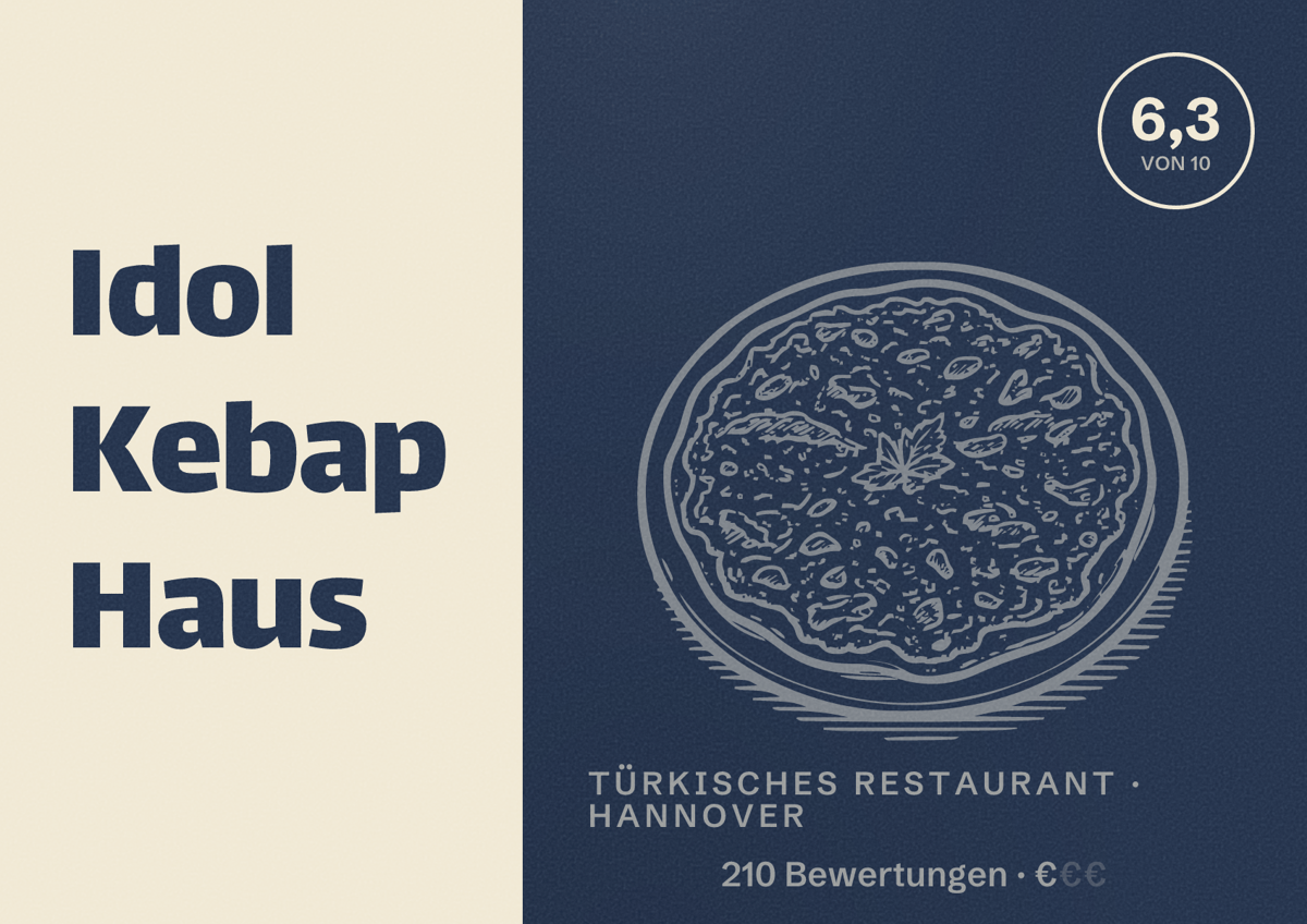 Illustriertes Poster von Idol Kebap Haus, Türkisches Restaurant in Hannover: Bewertung 6,3 von 10 aus 210 Bewertungen, Preisniveau €
