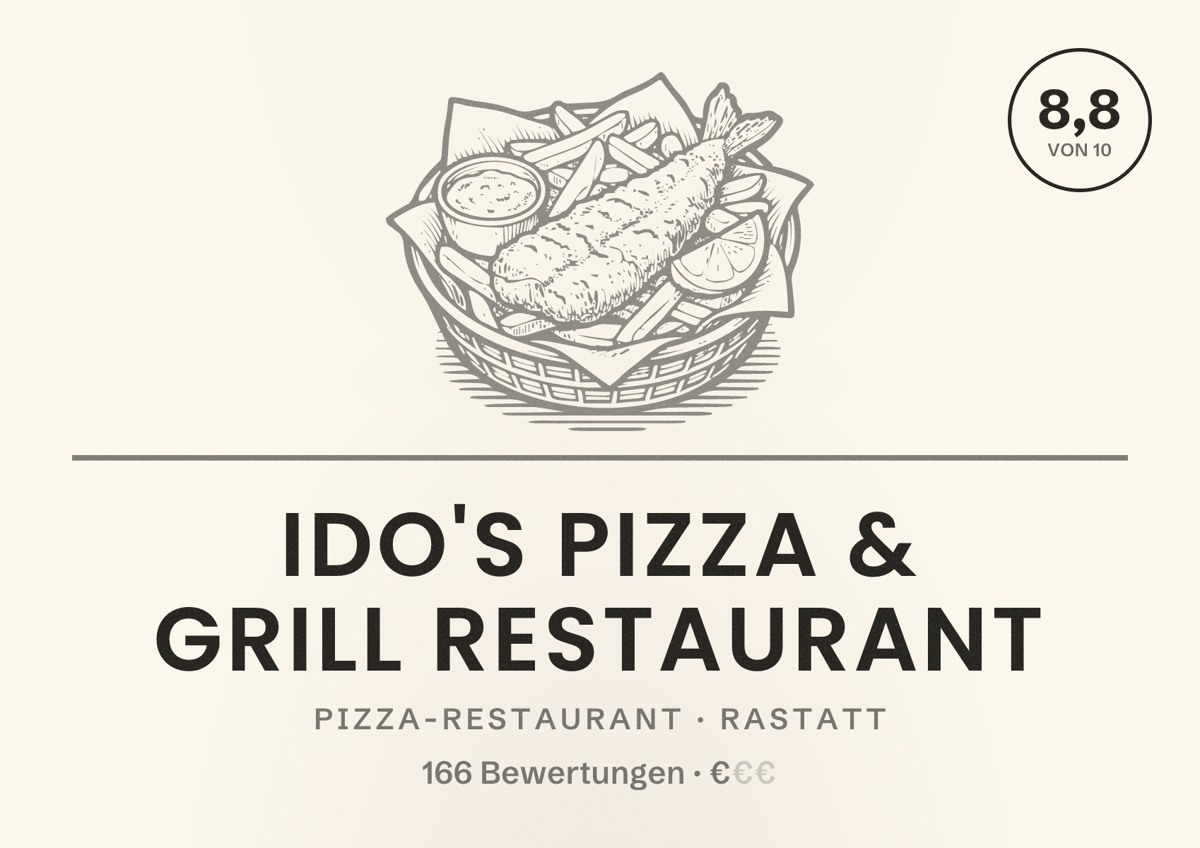 Illustriertes Poster von Ido's Pizza & Grill Restaurant, Pizza-Restaurant in Rastatt: Bewertung 8,8 von 10 aus 166 Bewertungen, Preisniveau €