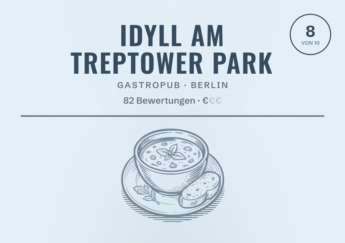 Illustriertes Poster von Idyll am Treptower Park, Gastropub in Berlin: Bewertung 8 von 10 aus 82 Bewertungen, Preisniveau €