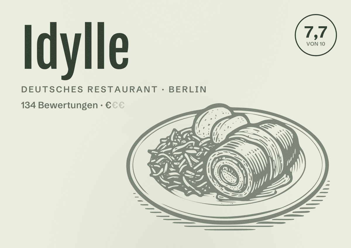 Illustriertes Poster von Idylle, Deutsches Restaurant in Berlin: Bewertung 7,7 von 10 aus 134 Bewertungen, Preisniveau €
