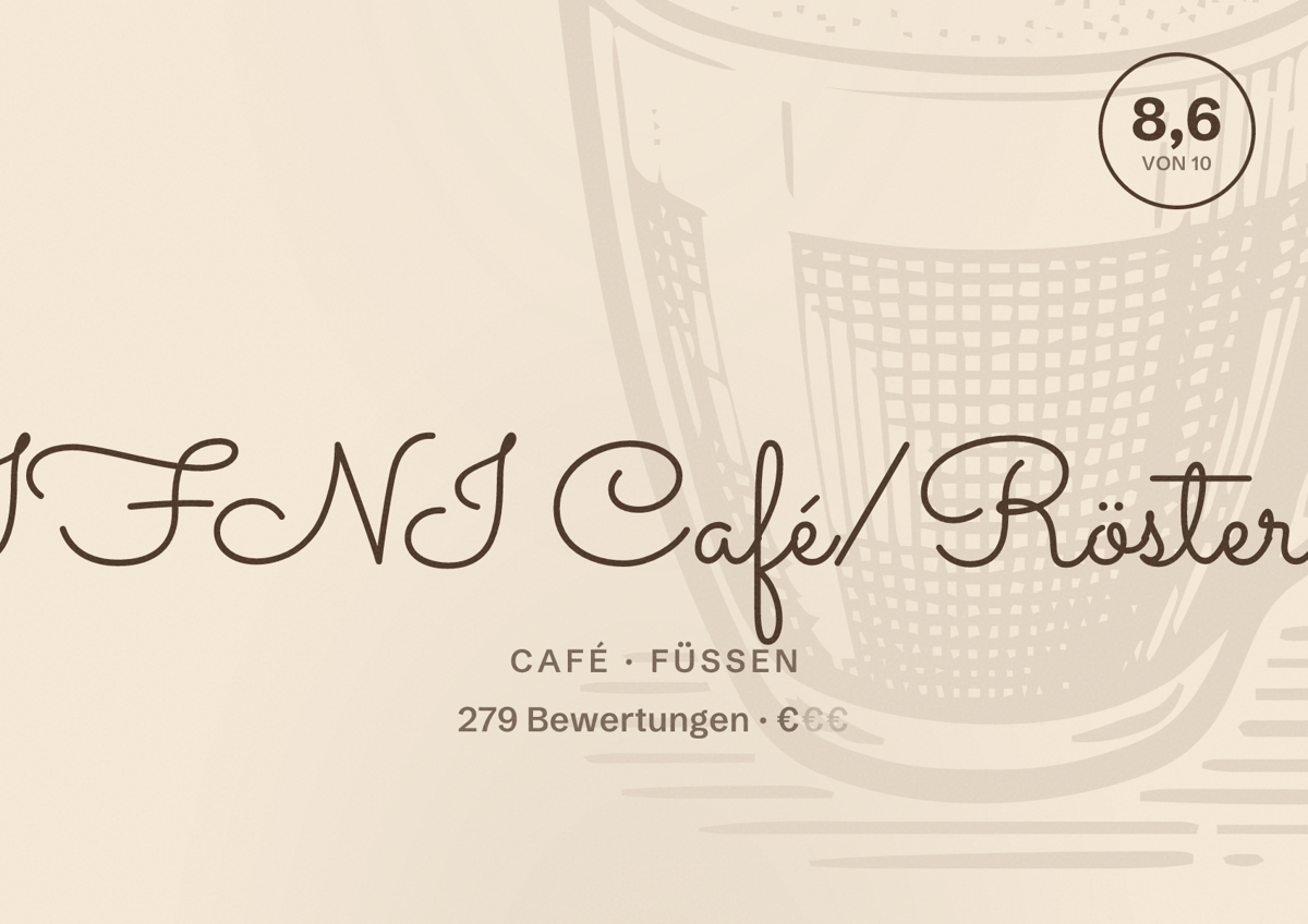 Illustriertes Poster von IFNI Café/Rösterei, Café in Füssen: Bewertung 8,6 von 10 aus 279 Bewertungen, Preisniveau €