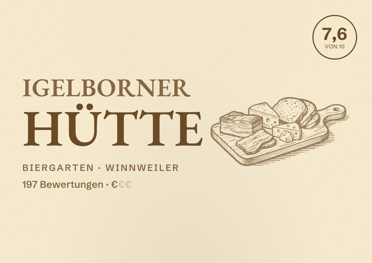 Illustriertes Poster von Igelborner Hütte, Biergarten in Winnweiler: Bewertung 7,6 von 10 aus 197 Bewertungen, Preisniveau €