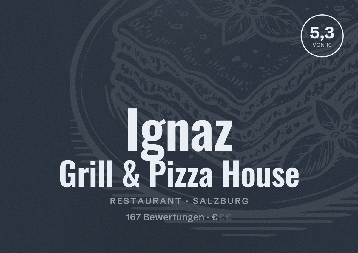 Illustriertes Poster von Ignaz Grill & Pizza House, Restaurant in Salzburg: Bewertung 5,3 von 10 aus 167 Bewertungen, Preisniveau €