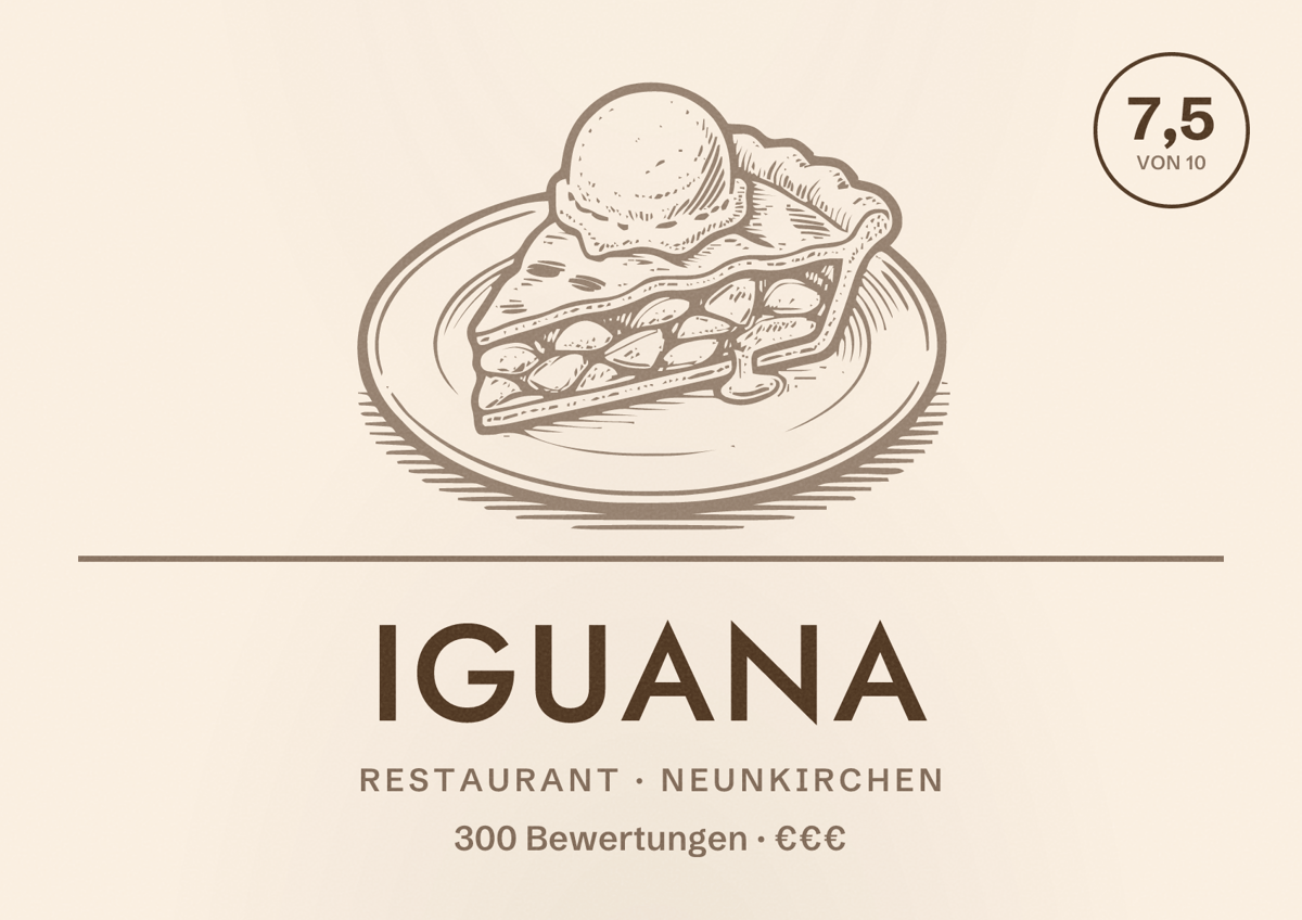 Illustriertes Poster von Iguana, Restaurant in Neunkirchen: Bewertung 7,5 von 10 aus 300 Bewertungen, Preisniveau €€€