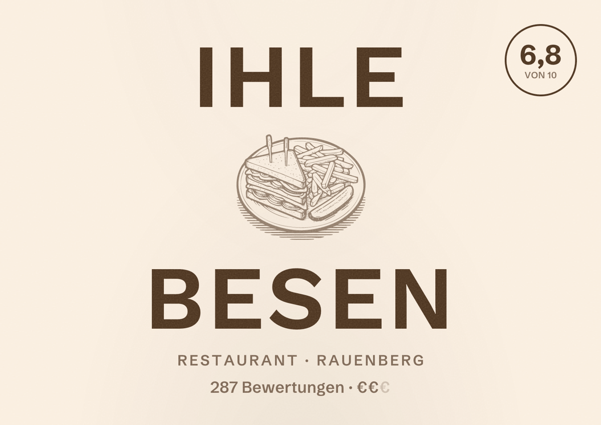 Illustriertes Poster von Ihle Besen, Restaurant in Rauenberg: Bewertung 6,8 von 10 aus 287 Bewertungen, Preisniveau €€