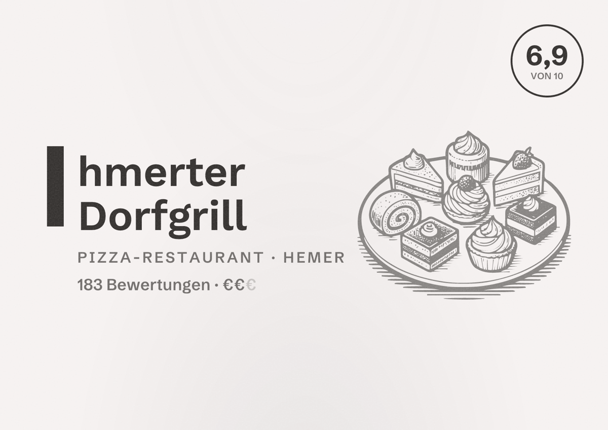 Illustriertes Poster von Ihmerter Dorfgrill, Pizza-Restaurant in Hemer: Bewertung 6,9 von 10 aus 183 Bewertungen, Preisniveau €€