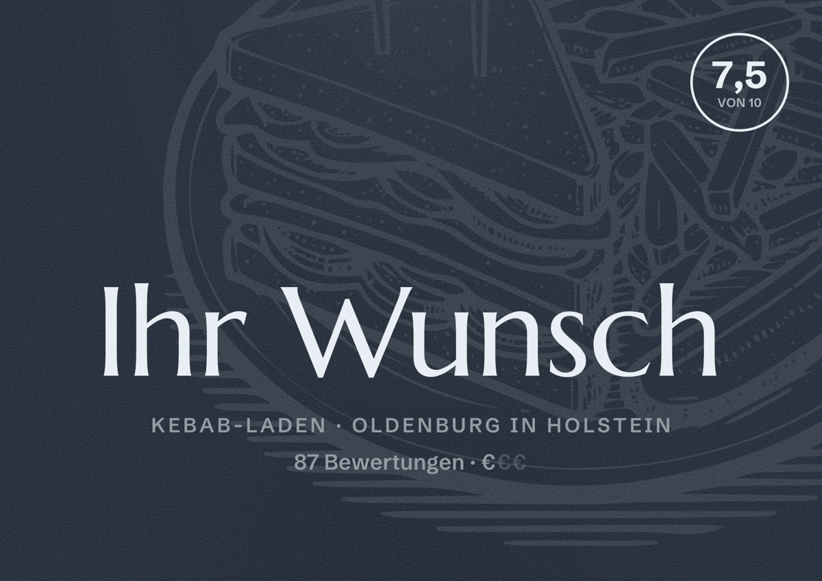 Illustriertes Poster von Ihr Wunsch, Kebab-Laden in Oldenburg in Holstein: Bewertung 7,5 von 10 aus 87 Bewertungen, Preisniveau €