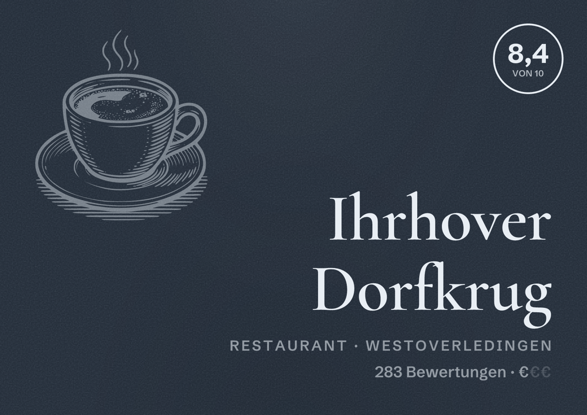 Illustriertes Poster von Ihrhover Dorfkrug, Restaurant in Westoverledingen: Bewertung 8,4 von 10 aus 283 Bewertungen, Preisniveau €