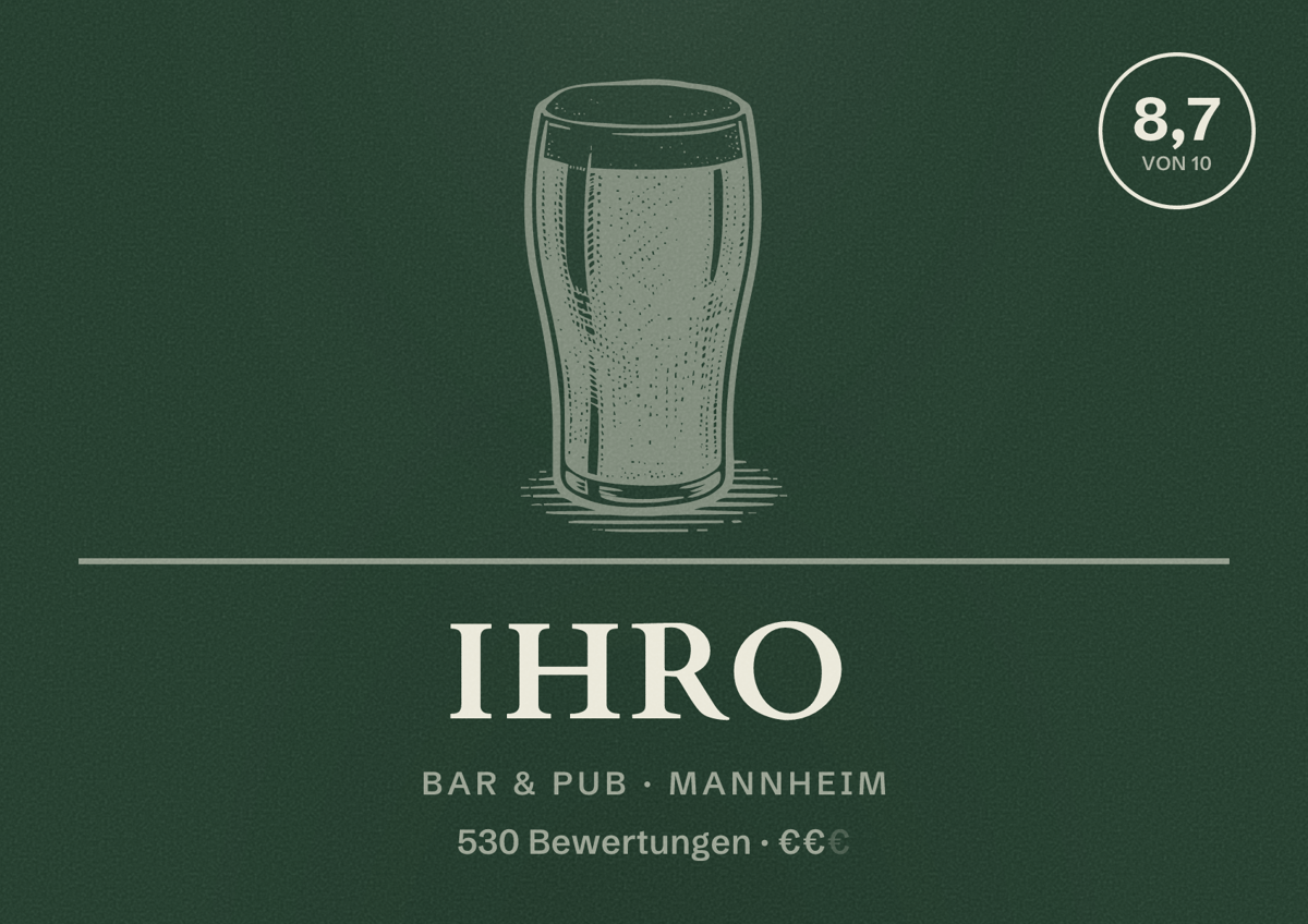 Illustriertes Poster von IHRO, Bar & Pub in Mannheim: Bewertung 8,7 von 10 aus 530 Bewertungen, Preisniveau €€