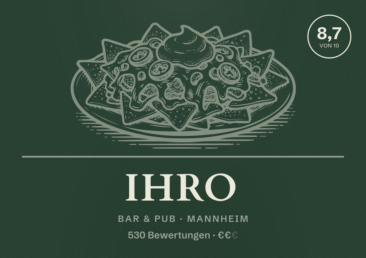 Illustriertes Poster von IHRO, Bar & Pub in Mannheim: Bewertung 8,7 von 10 aus 530 Bewertungen, Preisniveau €€