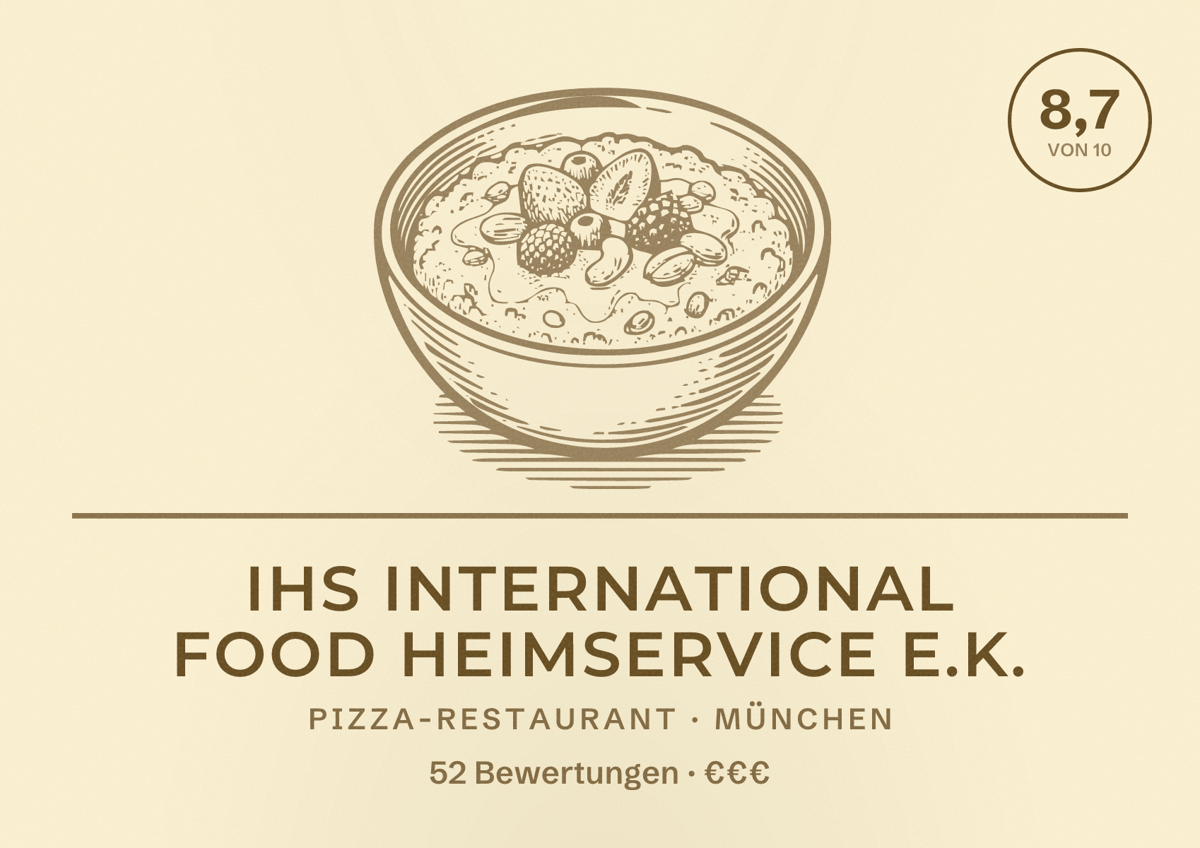 Illustriertes Poster von IHS International Food HeimService e.K., Pizza-Restaurant in München: Bewertung 8,7 von 10 aus 52 Bewertungen, Preisniveau €€€