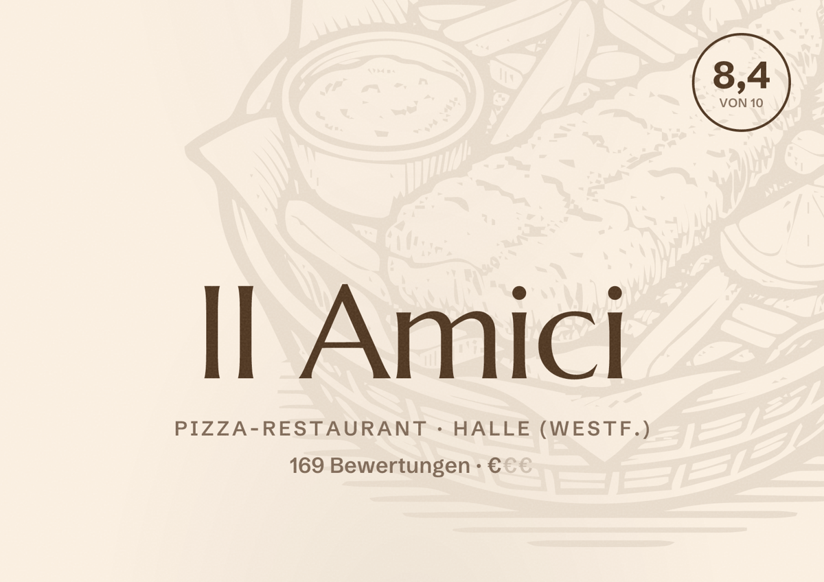 Illustriertes Poster von II Amici, Pizza-Restaurant in Halle (Westf.): Bewertung 8,4 von 10 aus 169 Bewertungen, Preisniveau €