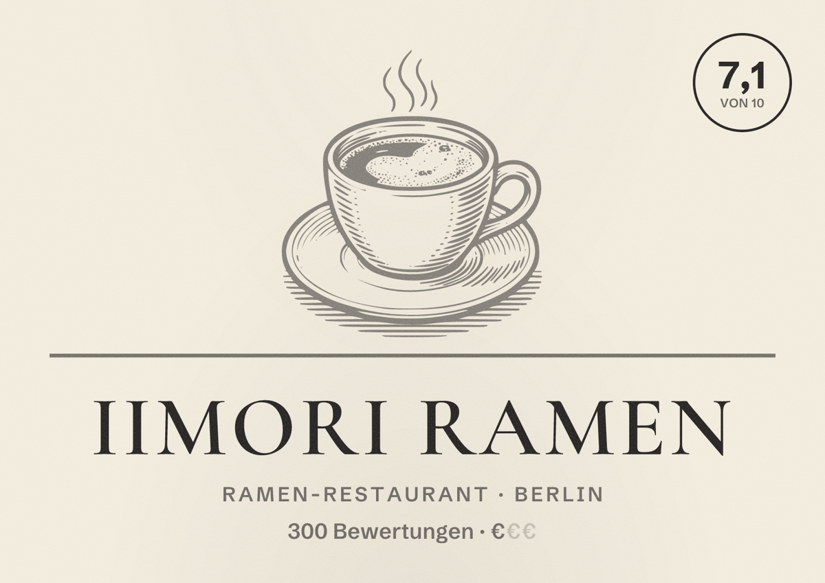 Illustriertes Poster von Iimori Ramen, Ramen-Restaurant in Berlin: Bewertung 7,1 von 10 aus 300 Bewertungen, Preisniveau €