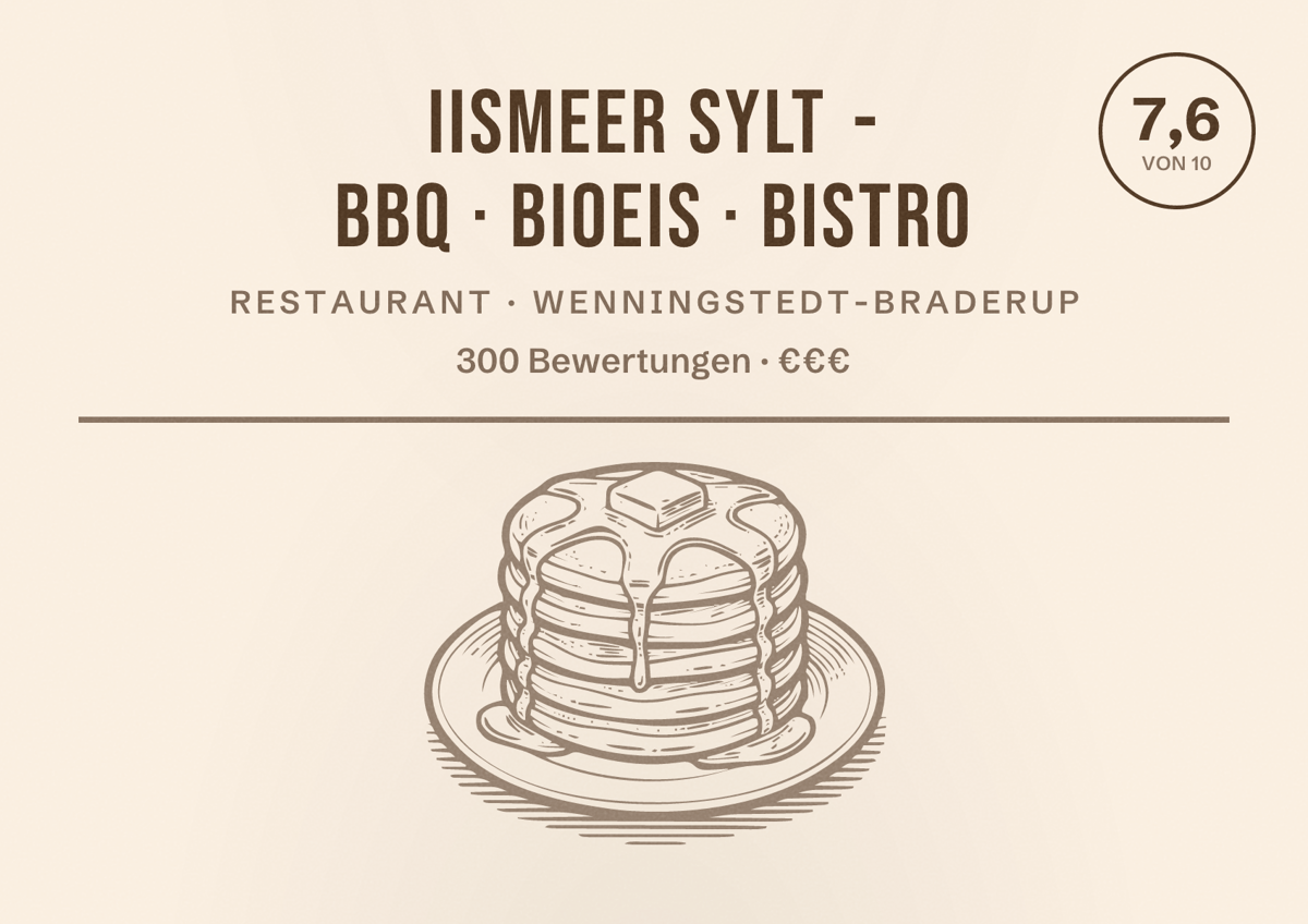 Illustriertes Poster von iismeer Sylt - BBQ · Bioeis · Bistro, Restaurant in Wenningstedt-Braderup: Bewertung 7,6 von 10 aus 300 Bewertungen, Preisniveau €€€
