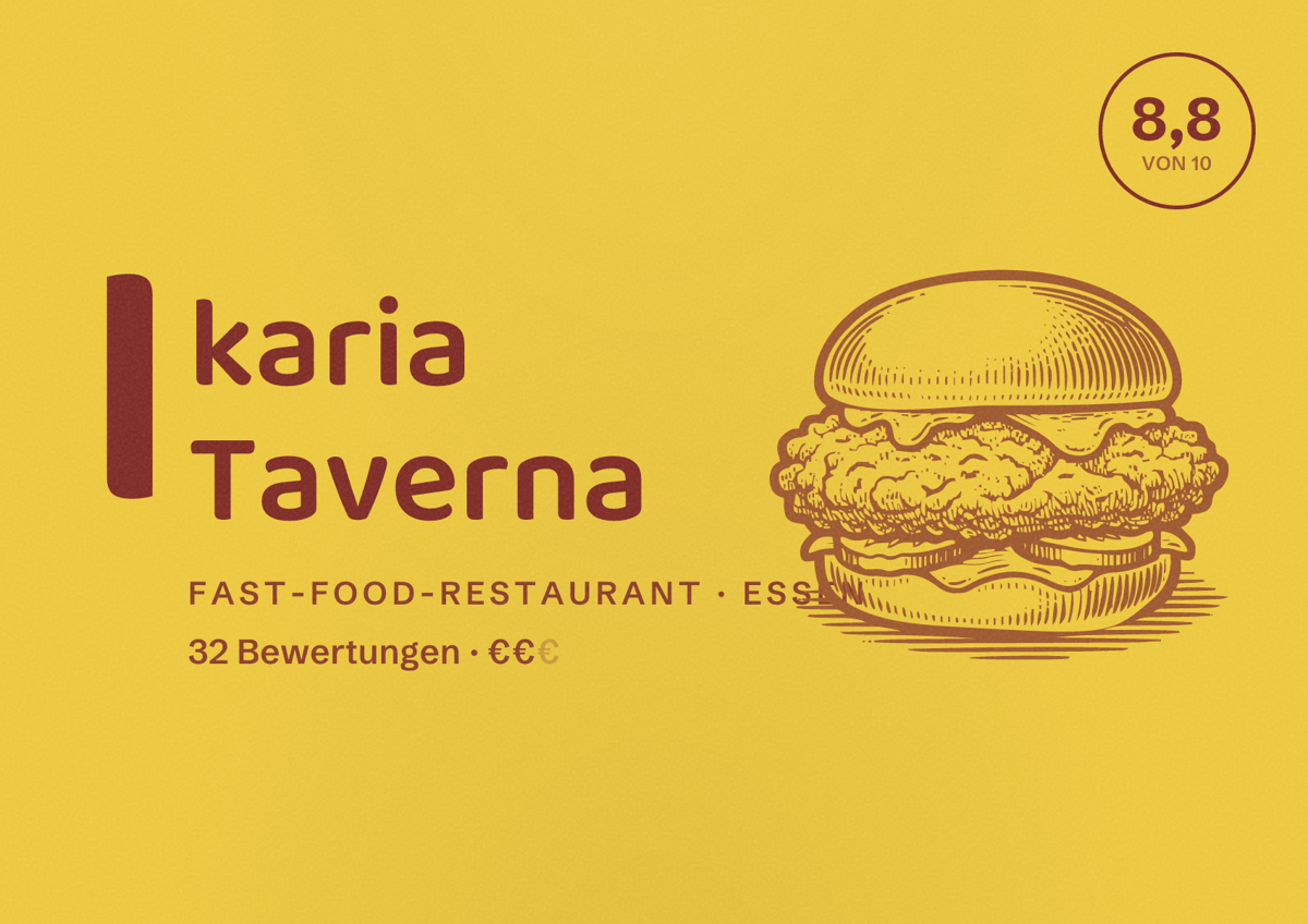 Illustriertes Poster von Ikaria Taverna, Fast-Food-Restaurant in Essen: Bewertung 8,8 von 10 aus 32 Bewertungen, Preisniveau €€