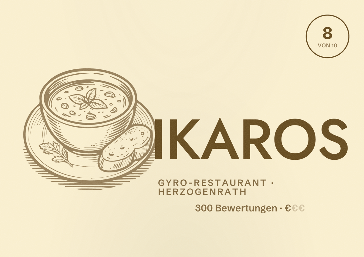 Illustriertes Poster von IKAROS, Gyro-Restaurant in Herzogenrath: Bewertung 8 von 10 aus 300 Bewertungen, Preisniveau €