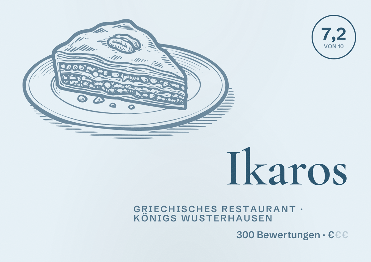 Illustriertes Poster von Ikaros, Griechisches Restaurant in Königs Wusterhausen: Bewertung 7,2 von 10 aus 300 Bewertungen, Preisniveau €