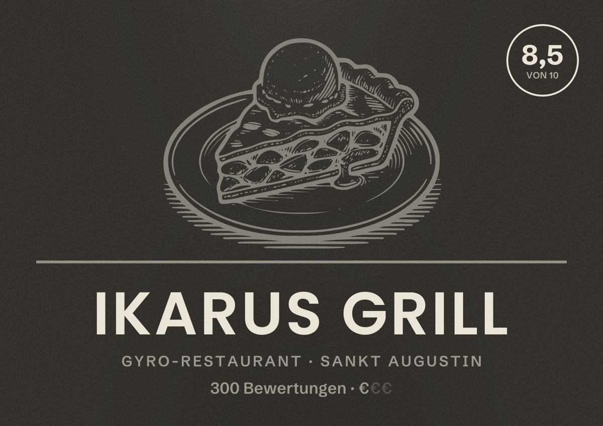 Illustriertes Poster von Ikarus Grill, Gyro-Restaurant in Sankt Augustin: Bewertung 8,5 von 10 aus 300 Bewertungen, Preisniveau €