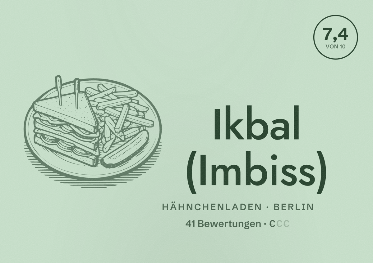 Illustriertes Poster von Ikbal (Imbiss), Hähnchenladen in Berlin: Bewertung 7,4 von 10 aus 41 Bewertungen, Preisniveau €